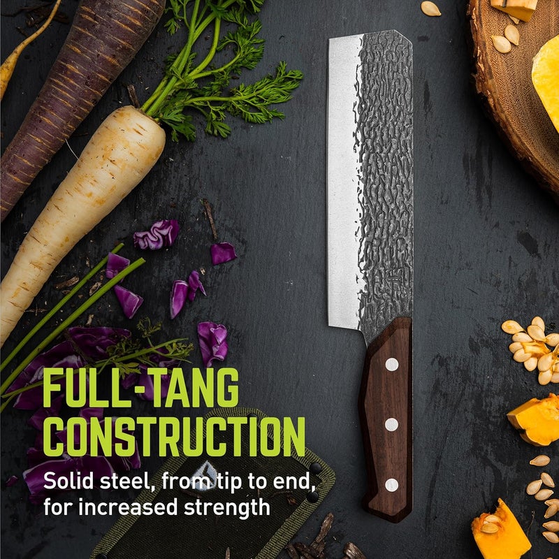 True PrimalForge Nakiri Knife | Precision Cutting, Vegetable Cutlery, Home & Professional Knife, Rugged Stonewash Finish, Sharp 5Cr15MoV Stainless-Steel, Wood Handle, Hand Forged Appearance - Image 3